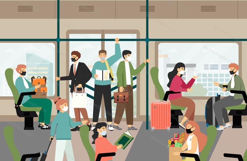 Passengers wearing face masks traveling by bus, tram, flat vector illustration. People commuting to and from work safety on city public transport. Coronavirus covid-19 spread prevention.