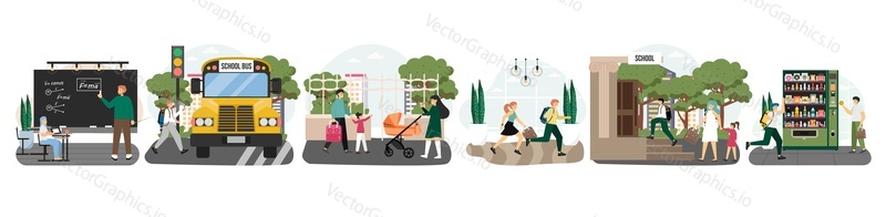 Školní scéna, plochá vektorová izolovaná ilustrace. Školní lekce, přestávka, autobus, studenti, děti s rodiči jít do třídy. Vzdělání, znalosti.