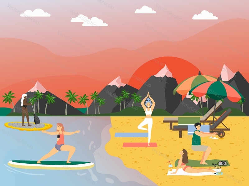 Young people practicing yoga on beach, flat vector illustration. Active and healthy lifestyle, beach yoga, summer activities.