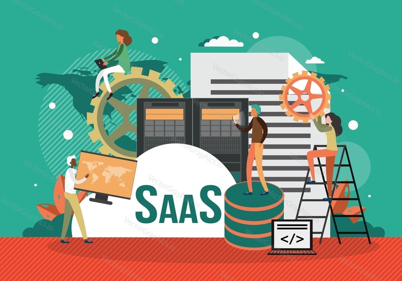 SaaS, software jako koncept služby Ploché vektorové ilustrace. Lidé vyvíjející SaaS softwarový produkt, hosting aplikace přes internet. Oblaka.
