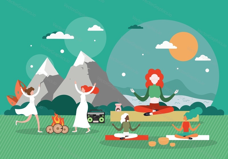 Group of girls relaxing in nature practicing yoga, meditating, dancing around the campfire, flat vector illustration. Outdoor yoga class, meditation, mindfulness, healthy lifestyle, retreat tour.