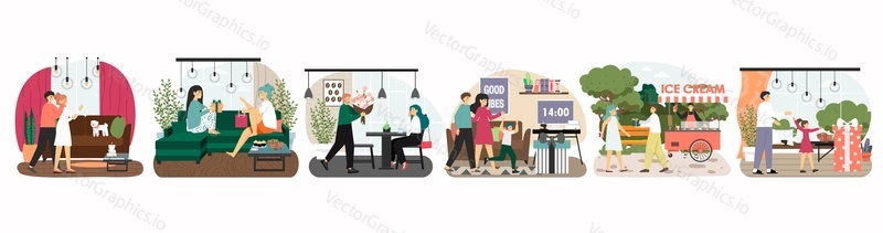 Happy people giving and receiving gifts and flowers, flat vector isolated illustration. Surprise gifts, birthday and other holiday presents to family characters, friends, lovers.