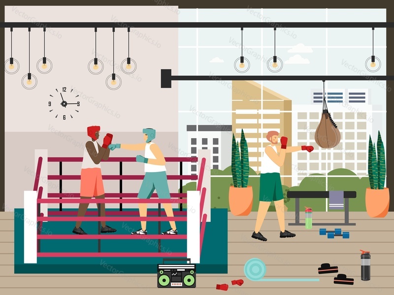 Boxer athletes training punching bag at gym and fighting in ring, flat vector illustration. Boxing combat sport, battle, fight ring.