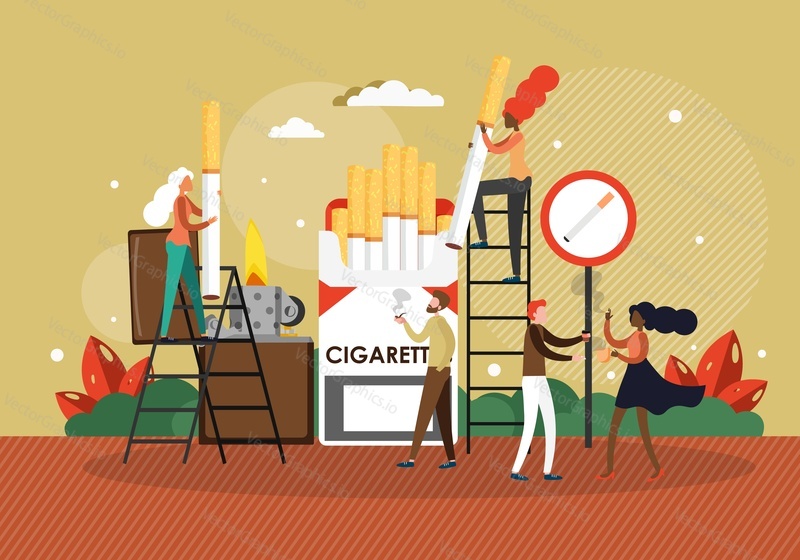 People smoking cigarette, holding smoking area sign, flat vector illustration. Nicotine and tobacco addiction, unhealthy bad habit, health risk.
