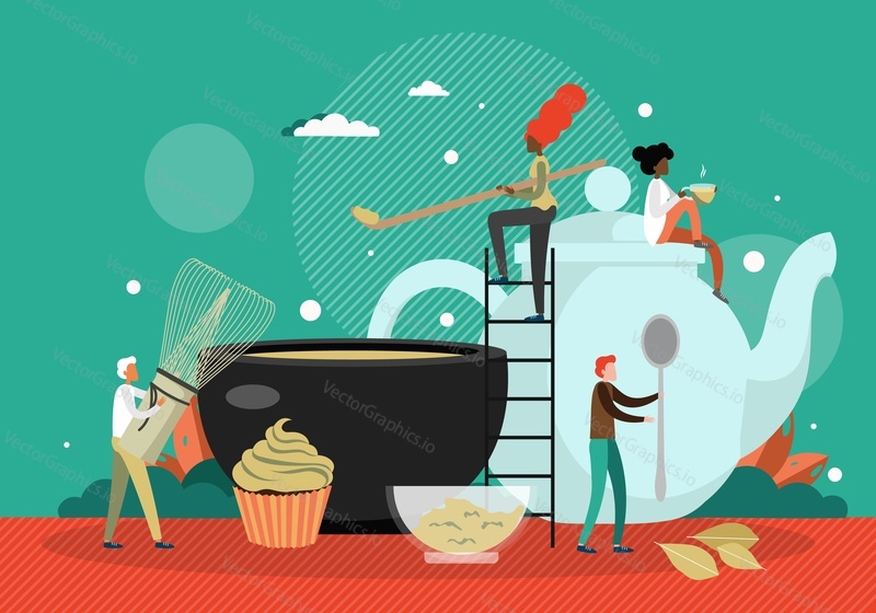 People making matcha green tea, flat vector illustration. Healthy and organic herbal beverage. Traditional japanese, chinese tea ceremony.