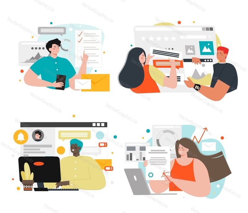 People analyzing different kinds of data, flat vector isolated illustration. Data analysis, online communication, analytics.