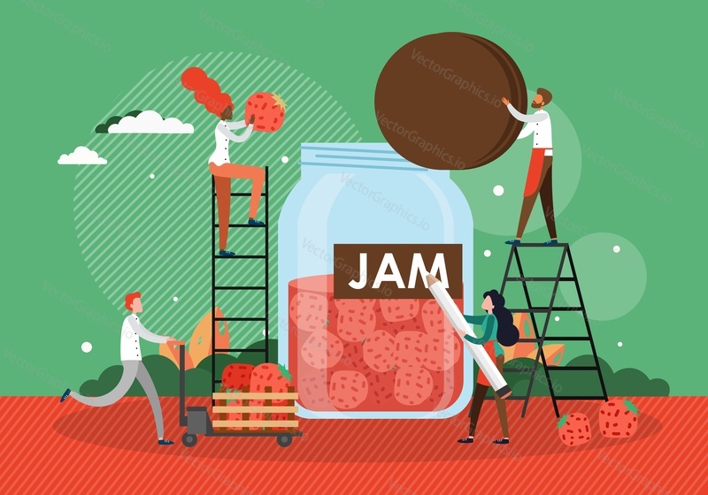 People making strawberry jam, flat vector illustration. Organic fruit jam, homemade food, sweet dessert production.