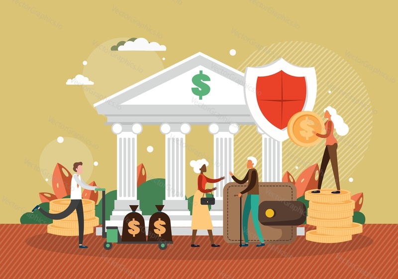 Senior woman, pensioner receiving benefit from Pension Fund, flat vector illustration. Superannuation fund that provides retirement income.