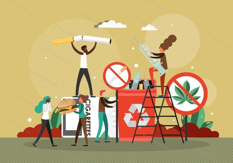 Nicotine and tobacco dependence treatment, flat vector illustration. No smoking, no cannabis signs. Stop tobacco and marijuana smoking. Health risk, addiction.