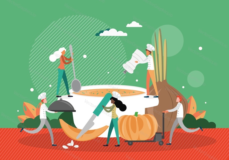 People in chef hats cooking pumpkin soup, flat vector illustration. Preparation for Thanksgiving day celebration. Autumn holiday. Festive Thanksgiving dinner.