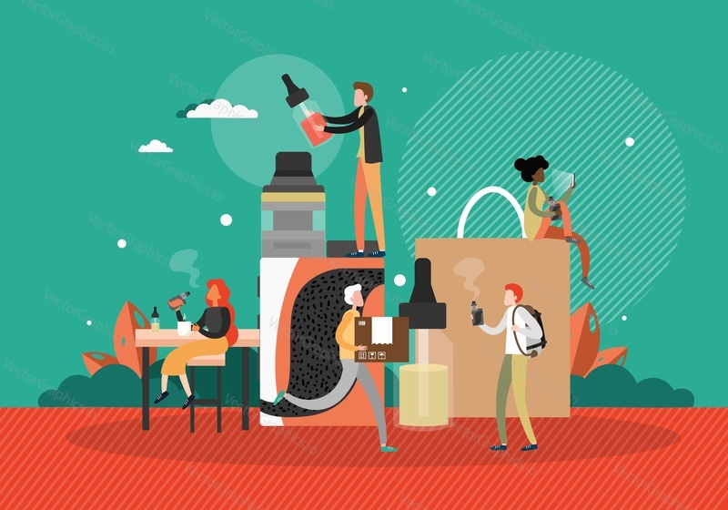 People smoking vape, flat vector illustration. Electronic cigarette vaping, unhealthy habit, smoking addiction.
