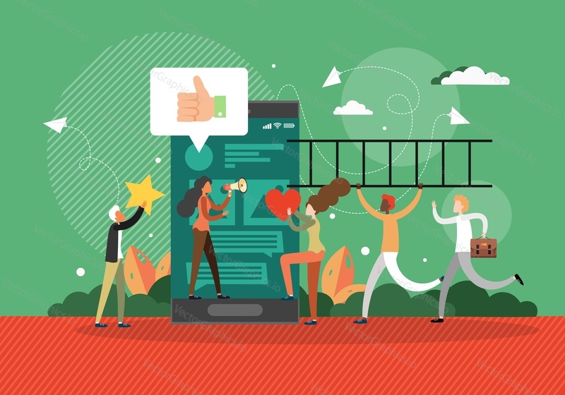 Woman with megaphone standing on huge smartphone and people giving likes with heart, star, thumb up symbols, flat vector illustration. Social media comments, customer feedback, good review, rating.