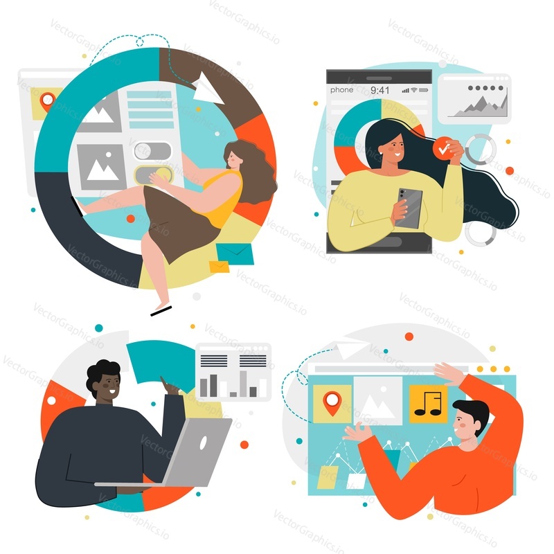 Business strategy set, flat vector isolated illustration. Business goal and development, achievements, success, data analysis.