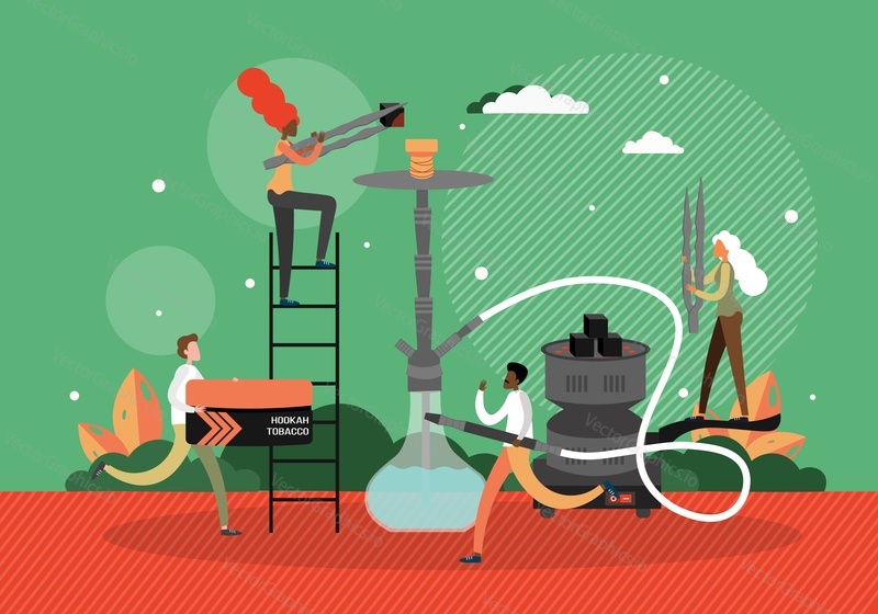 Shisha bar. People smoking hookah, flat vector illustration. Hookah bar or lounge. Tobacco addiction, unhealthy lifestyle.