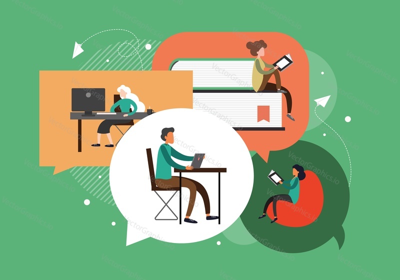 Dialog speech bubbles with people using laptop computers, reading books inside, flat vector illustration. Business dialog, communication, online chat, conversation.
