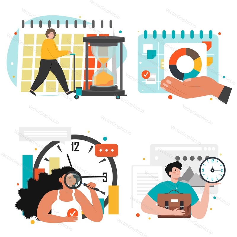 People managing working time, flat vector isolated illustration. Calendar, clock, hourglass and charts. Time management.