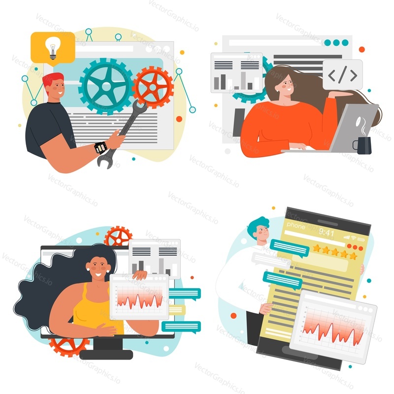 Web development scene set, flat vector isolated illustration. Web developer, designer cartoon characters programming, coding.