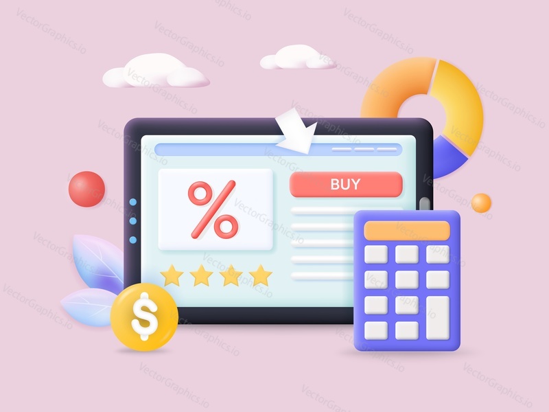Online loan and internet shop concept 3d vector illustration. Get credit online with low interest and continue shopping. Sale and discount in online store, digital technology.