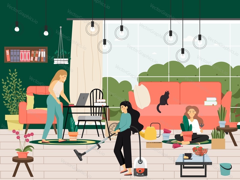 People cleaning living room, flat vector illustration. Housework, household chores, daily routine, housekeeping, cleaning company service.
