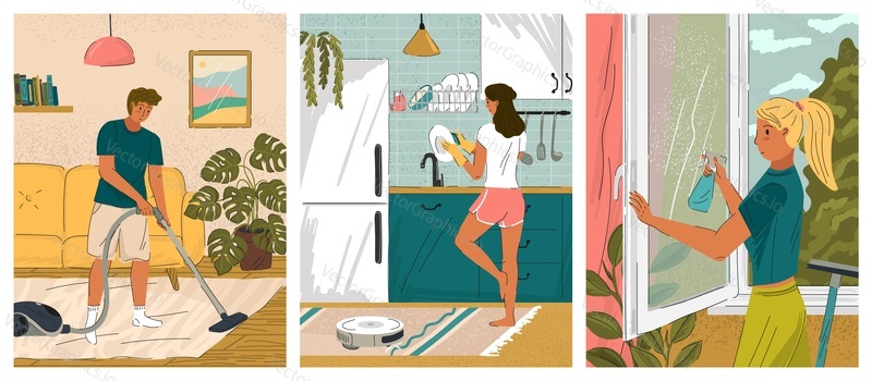 People doing housework and cleaning home. Vector set of posters with man vacuuming floor and woman wash dishes and clean window. Home interior, vacuum robot, people busy with cleaning household.