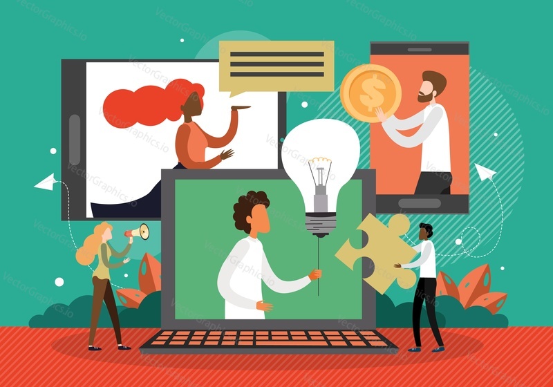 International business partners online meeting, flat vector illustration. Video call chat and video conferencing technologies, distance business communication.