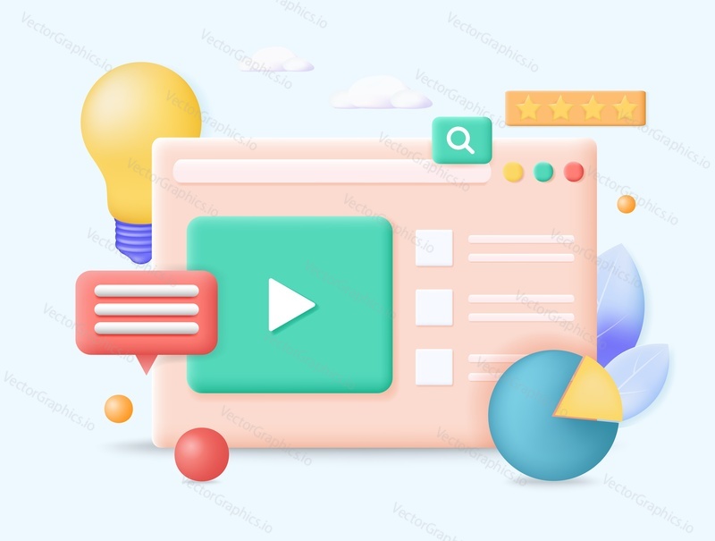Digital screen with media and social marketing elements, concept 3d vector Illustration. Video player, lightbulb, seo data analysis with chart, messages icon. Creative idea, business technology.
