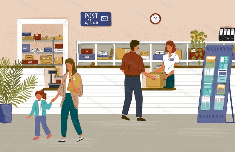 Post office interiér koncept vektorové plakáty. Žena dává balík zákazníkovi na poště. Police s kartonovými obaly a poštovními obálkami.