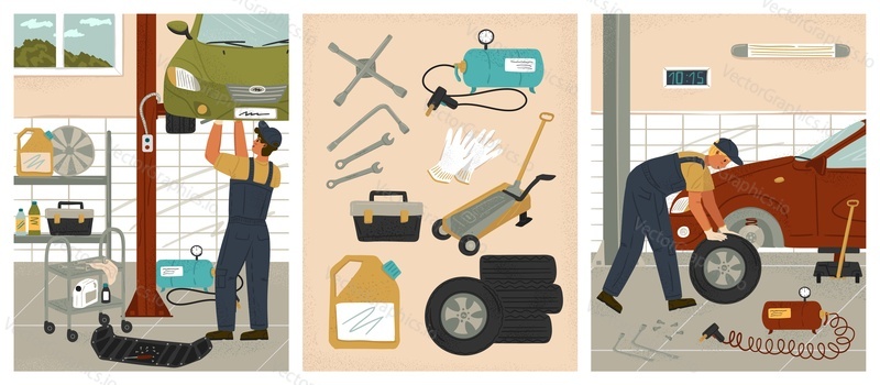 Car repair service and auto mechanic garage. Cartoon vector posters set. Auto tuning workshop. Car repair tools. Man fix broken car and change wheels and oil.