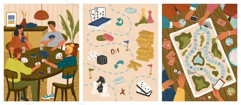 People playing board game at home. Table games concept vector posters set. Group of friends playing cards. Game objects, chess pieces, dice, wooden bricks, domino. Leisure home activities.
