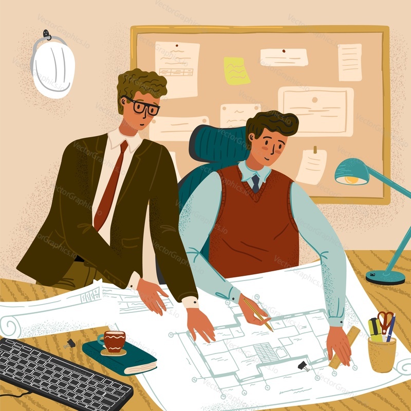Two architects draw new building project. Construction concept vector illustration. Architectural project planning, development and building. Professional construction engineer service.