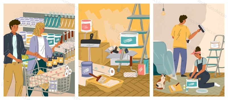 Family repair and remodeling home interior. Concept vector posters set. Couple paint walls and decorate house. People choosing wallpapers in diy store. Apaprtment renovation.