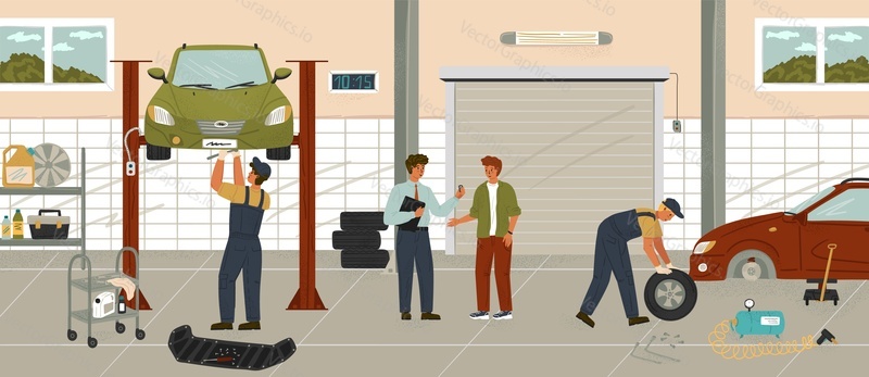 Car repair service and auto mechanic garage. Cartoon vector posters set. Man fix broken car and change tires and oil. Auto tuning workshop. Mechanic talks to customer.