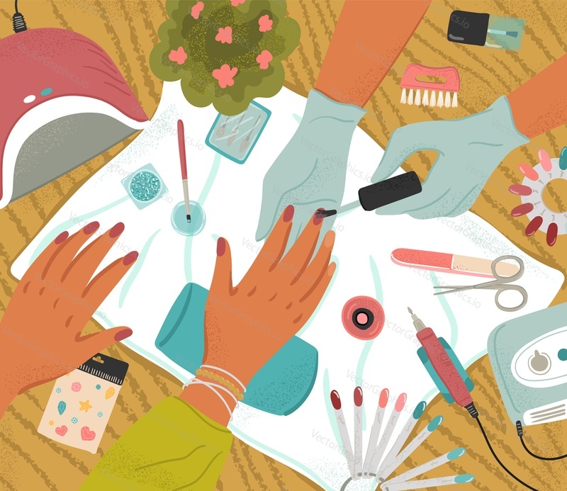 Žena dělá manikúru v salonu krásy. Vektor kreslený plakát ilustrace. Ženská ruka s malovanými nehty. Nehtové lázně a kosmetické ošetření. Nástroje pro manikúru a pedikúru.