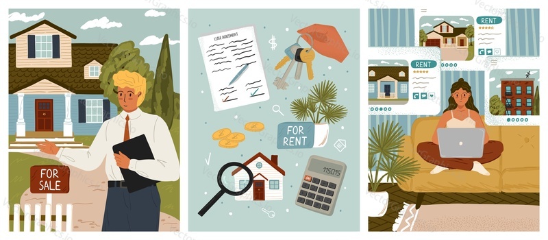 Woman searching house for rent online. Real estate concept vector posters set. Real estate agent offers property for sale. Choice of home or apartment by rating. Mortgage loan contract.