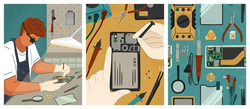 Mobile phone repair concept vector posters set. Man fix broken smartphone. Maintenance and smart phone repair service. Man using screwdriver to disassemble and fix telephone. Technical tools.
