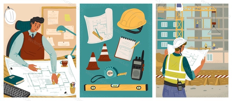 Architect draws new building project. Construction concept vector posters set. Architectural project planning, development and building. Professional construction engineer services, building industry.