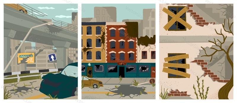 Abandoned city buildings concet vector posters set. People left town after earthquake or apocaliptic disaster. City house with boarded up windows and broken wall. Damage zone. City ruins.