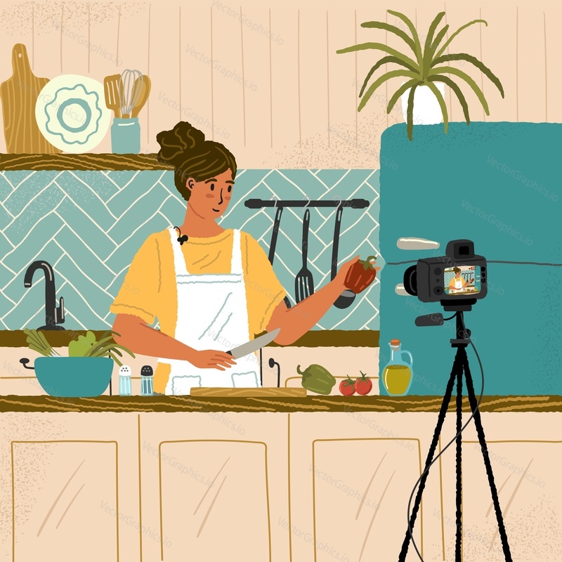 Food video blogger cooking and live streaming online. Woman chef showing recipe on camera in vlog. Cooking class and video tutorial. Vector illustration with cartoon character. Home kitchen studio.