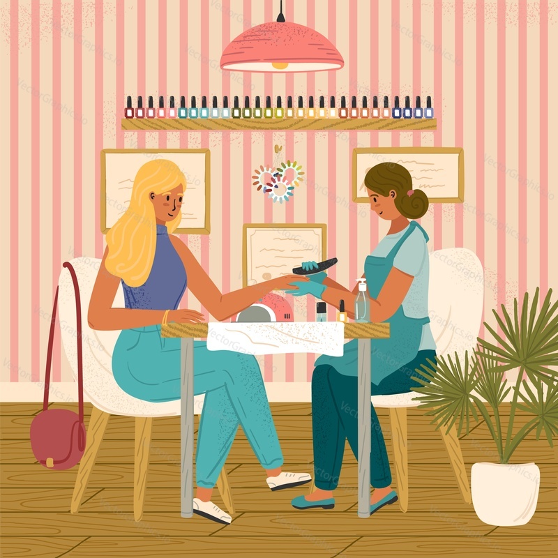 Žena v nehtovém kosmetickém salonu, která přijímá manikúru od mistra s pilníkem na nehty. Zákazník v manikúra studio koncept vektorové ilustrace. Péče o tělo spa, kosmetické ošetření, nehet služby.