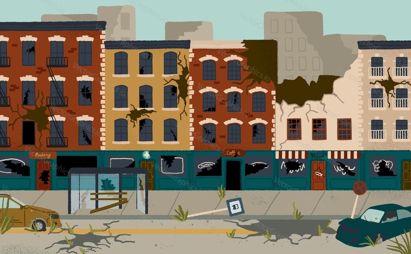 Abandoned city buildings vector cartoon illustration. People left town after earthquake or apocaliptic disaster. City house with broken walls and commercial property. Damage zone after violent riots.