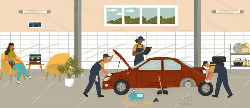 Customer waiting for her car in auto mechanic shop. Car repair service cartoon vector illustration. Mechanic engineer fix broken car and change tires and oil. Vehicle maintenance station.