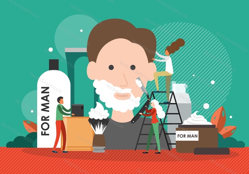 Barber characters shaving beard with razor, doing man hair, flat vector illustration. Men grooming barbershop, hair salon, studio.