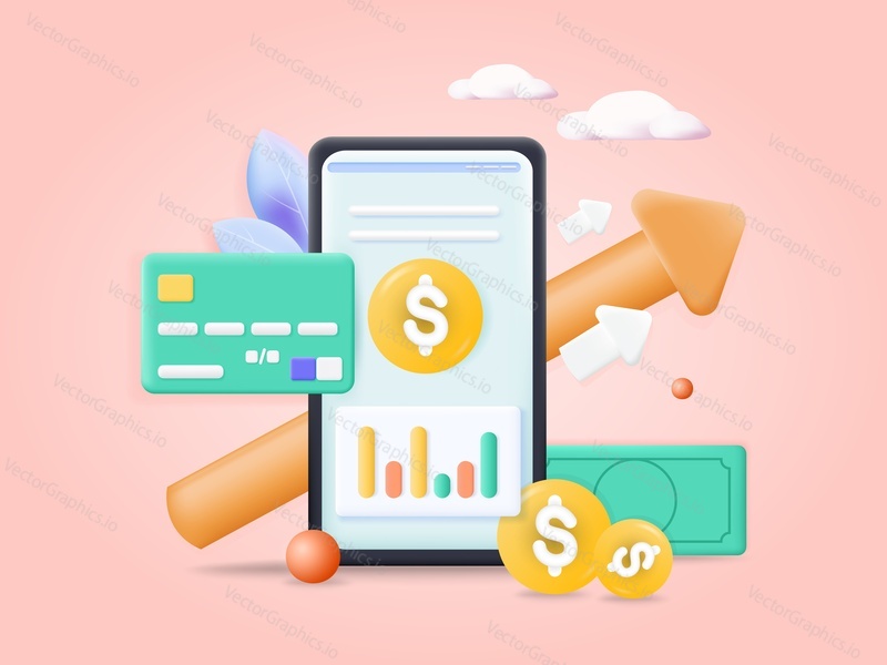 Смартфон с графиком, знаком доллара на экране, банковской картой, увеличивающейся стрелкой, деньгами, 3d векторной иллюстрацией. Финансовый рост, финансовый доход, сбережения денег, инвестиции.