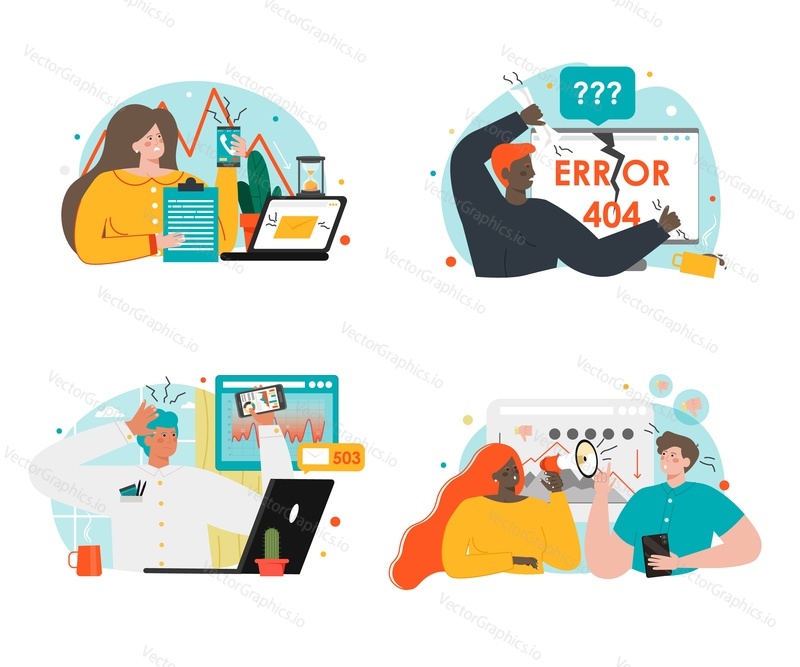Anger vector scene. Aggressive yelling people set. Business man and woman with angry face having stress. Furious boss and overworked employee illustration. Yelling businesspeople