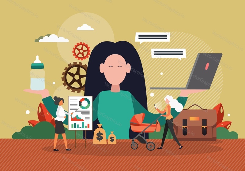 Mother boss with laptop in one hand and baby bottle in the other, flat vector illustration. Business woman taking care of baby and working from home. Work life balance.