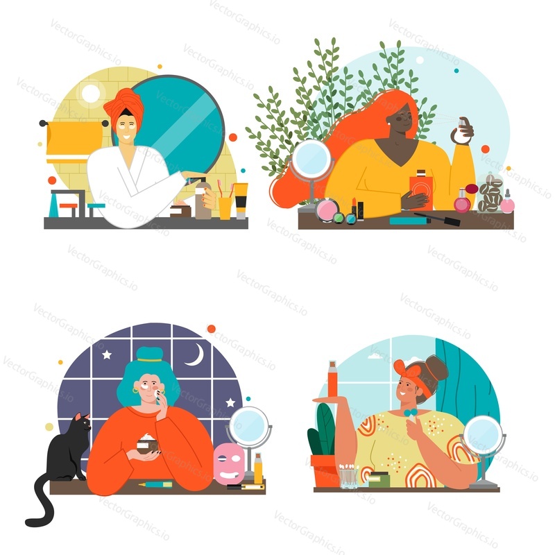 Woman testing cosmetics vector scene set. Young female blogger giving video masterclass, recording beauty vlog illustration. Makeup courses, skin care product or perfume review concept