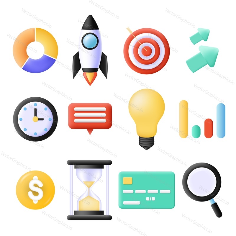 Business project startup vector 3d icon design illustration. Rocket shop, idea lightbulb, graph chart bar, arrow, message chat speech bubble, loupe, credit card, money symbol, target aim dartboard