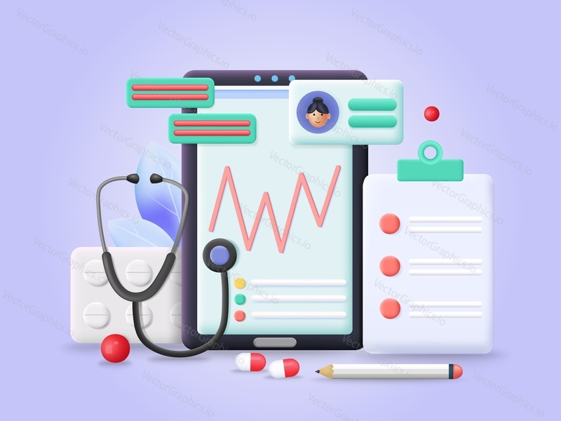 Medicine online mobile healthcare service 3d vector. Smartphone, patient card, stethoscope and pharmaceutical design illustration. Remote medical clinic, digital consultation, telemedicine