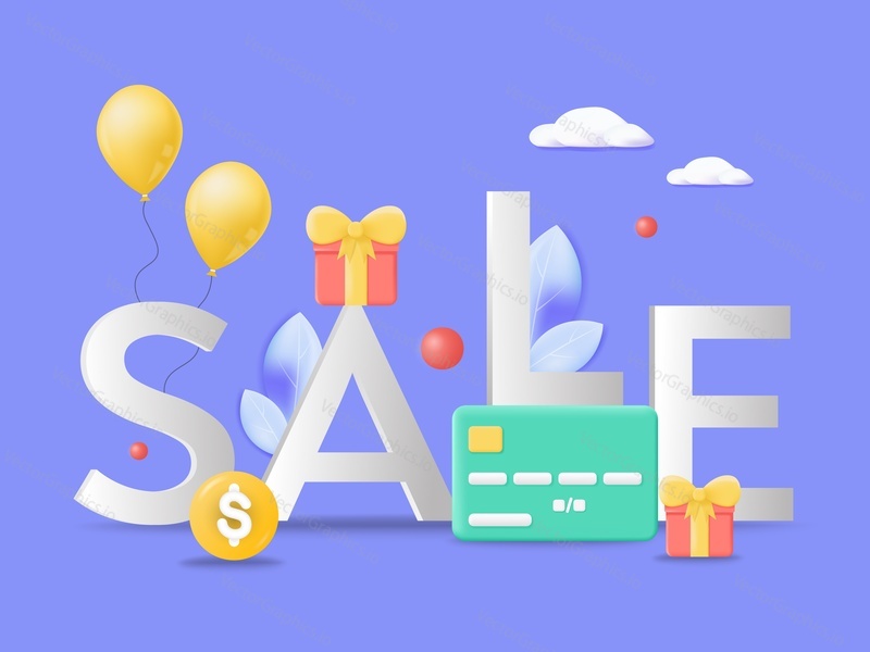 Sale 3d vector poster. Headline with balloon and gift box design illustration. Discount promotion. Shopping day advertisement. Clearance announcement. Business and marketing concept