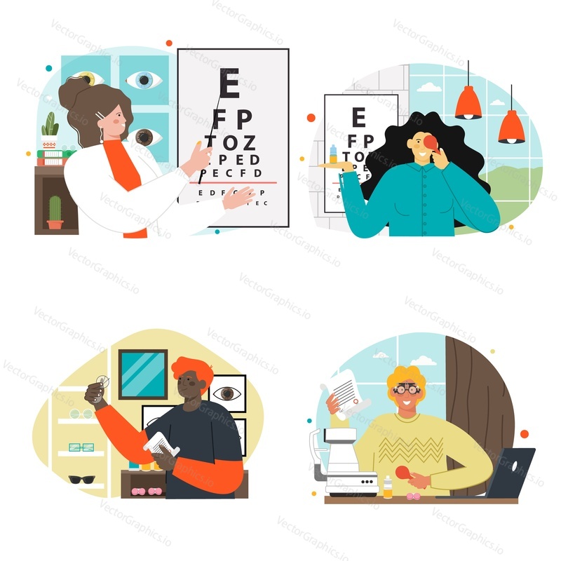 Oculist vector scene set. Ophthalmologist choosing eyeglasses for patient illustration. Eyesight check, diagnosis and treatment, vision laser correction. Ophthalmology specialist at work